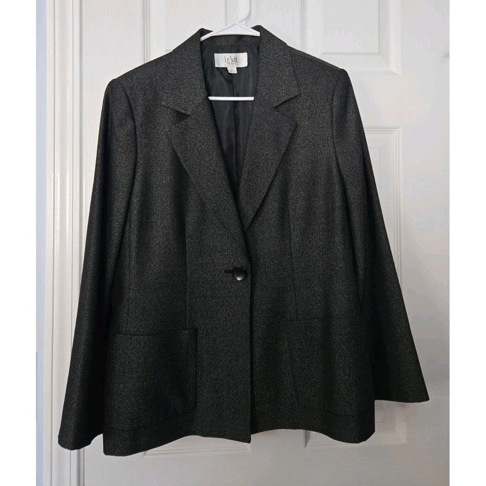Le Suit Petite Womans 16P Black Shinny Blazer Single Button
